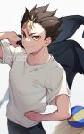  1boy ball black_jacket black_pants blonde_hair brown_eyes brown_hair closed_mouth commentary_request cowboy_shot crew_neck haikyuu!! hair_slicked_back hand_on_own_hip highres holding holding_unworn_clothes hua_(supa_jopa) jacket looking_at_viewer male_focus multicolored_hair nishinoya_yuu pants pixiv_id shirt short_sleeves slit_pupils smile solo standing streaked_hair twitter_username unworn_jacket volleyball_(object) white_shirt 