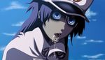  1girl bambietta_basterbine bleach bleach:_the_thousand-year_blood_war blue_eyes cloak constricted_pupils deviantart_thumbnail drooling female hat highres long_hair looking_at_viewer open_mouth peaked_cap purple_hair quincy quincy_(bleach) saliva sexually_suggestive sky solo uniform white_hat wide-eyed zombie 