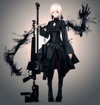  bipod black_dress bow dress full_body gothic_lolita gun hair_bow highres lace lolita_fashion looking_at_viewer nagai_gojitsudan_no_nechronica neck_ribbon pale_skin platform_footwear red_eyes ribbon rifle scope short_hair sniper_rifle solo weapon white_hair yuyutan0904 