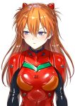  1girl :t blush bodysuit breasts closed_mouth hair_between_eyes highres jchoy long_hair looking_to_the_side mecha_pilot_suit neon_genesis_evangelion orange_hair plugsuit pout purple_eyes red_bodysuit simple_background small_breasts solo souryuu_asuka_langley upper_body white_background 
