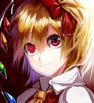  absurdres asymmetrical_hair asymmetrical_wings blonde_hair blouse bow dress flandre_scarlet hair_bow hair_ribbon highres looking_up red_dress red_eyes ribbon side_ponytail slit_pupils smile solo_focus touhou uu_uu_zan white_blouse wings 