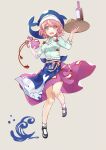  1girl absurdres animal_print ankle_socks apron black_shoes blue_apron blue_hat blue_shirt bottle collared_shirt cross-laced_clothes fish_print full_body gourd green_eyes hat highres holding holding_gourd holding_tray kanta_(pixiv9296614) long_sleeves mary_janes ofuda ofuda_on_clothes okunoda_miyoi pink_hair purple_skirt shirt shoes short_hair skirt sleeves_rolled_up socks solo touhou tray waist_apron whale_hat whale_print white_socks worried 