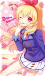  ;p aikatsu! aikatsu!_(series) bad_id bad_pixiv_id blonde_hair blue21 blush bow food food_on_face hair_bow hairband hoshimiya_ichigo jacket long_hair looking_at_viewer one_eye_closed open_clothes open_jacket pleated_skirt red_eyes school_uniform skirt smile solo starlight_academy_uniform tongue tongue_out 