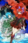  blue_hair boots bow cape cross-laced_footwear green_eyes hair_bow head_fins japanese_clothes kimono long_sleeves mermaid monster_girl multiple_girls open_mouth red_eyes red_hair sekibanki shigureru shirt skirt smile touhou wakasagihime 