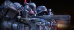  absurdres aiming black_background commentary_request glowing glowing_eye gun gundam gundam_gquuuuuux highres holding holding_gun holding_weapon mecha mecha_focus mobile_suit motion_blur no_humans one-eyed purple_eyes radio_antenna robot science_fiction simple_background solo upper_body weapon yamataka_(blenderkame) zaku_ii 