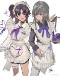  2girls absurdres apron back_bow ball black_bow black_choker blunt_bangs bow bow_choker bowtie bright_pupils character_name chinese_commentary choker collared_shirt commentary_request cropped_legs dress_pants expressionless eyelashes fangs frilled_apron frilled_thigh_strap frills grey_hair grey_pants grey_shirt grey_skirt hair_ornament hair_ribbon hairclip hand_in_another&#039;s_hair happy heart heart_print highres holding holding_plate long_hair looking_at_another looking_at_viewer maid maid_headdress miniskirt mole mole_under_eye multiple_girls multiple_moles nail_polish name_tag neckerchief one_eye_closed one_side_up open_mouth original ouge_dz pants parted_bangs plate purple_bow purple_bowtie purple_eyes purple_hair purple_nails purple_neckerchief ribbon shirt simple_background skirt smile straight_hair string_of_flags teeth tennis_ball thigh_strap waitress watermark weibo_watermark white_apron white_background white_bow white_pupils white_ribbon white_shirt 