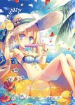  beach bikini blonde_hair blue_background blue_eyes bracelet breasts cleavage cloud day eating flower food fruit garters hat hibiscus jewelry long_hair looking_at_viewer navel ocean orange original outdoors petals popsicle rubber_duck sky small_breasts solo striped sun_hat sunglasses swimsuit twintails vertical-striped_bikini vertical_stripes yamadori_yoshitomo 