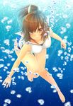  bare_legs barefoot baretto_(firearms_1) bent_over blush brown_eyes brown_hair bubble highres i-401_(kantai_collection) kantai_collection ponytail sailor_collar school_swimsuit short_hair smile solo swimsuit underwater 