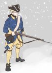  1boy ammunition_pouch artist_request axis_powers_hetalia blonde_hair blue_eyes blue_jacket carolean closed_mouth english_commentary glasses gun hat highres holding holding_gun holding_weapon jacket long_sleeves looking_at_viewer male_focus military military_jacket military_uniform musket outdoors pants pouch saber_(weapon) second-party_source sheath sheathed short_hair snow snowing solo standing sweden_(hetalia) sword tricorne weapon yellow_pants 
