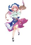  1girl absurdres animal_print ankle_socks apron black_shoes blue_apron blue_hat blue_shirt bottle collared_shirt cross-laced_clothes fish_print full_body gourd green_eyes hat highres holding holding_gourd holding_tray kanta_(pixiv9296614) long_sleeves mary_janes ofuda ofuda_on_clothes okunoda_miyoi pink_hair purple_skirt shirt shoes short_hair skirt sleeves_rolled_up socks solo touhou transparent_background tray waist_apron whale_hat whale_print white_socks worried 
