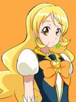  alternate_hairstyle blonde_hair closed_mouth cure_honey earrings eyelashes hair_down happinesscharge_precure! happy highres jabara_tornado jewelry long_hair looking_at_viewer magical_girl oomori_yuuko orange_background precure puffy_sleeves ribbon shirt simple_background sketch smile solo standing upper_body vest wrist_cuffs yellow_eyes 