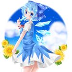  blue_eyes blue_hair blue_sky bow cirno cloud day dress eating flower food food_in_mouth hair_bow leaf looking_at_viewer looking_back outdoors popsicle ribbon short_hair short_sleeves skirt_hold sky snowflake_print solo sparkle sunflower touhou wings yunagi_(arukumaruta) 