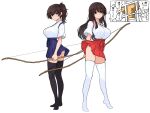  2girls akagi_(kancolle) black_eyes black_thighhighs blue_hakama bow_(weapon) breasts brown_hair hakama hakama_short_skirt hakama_skirt highres holding holding_bow_(weapon) holding_weapon japanese_clothes kaga_(kancolle) kantai_collection kinakomochi_(testament05) large_breasts long_hair multiple_girls red_hakama short_sidetail skirt speech_bubble standing t-head_admiral tasuki thighhighs translation_request very_long_hair weapon white_thighhighs yumi_(bow) 