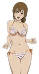  bikini blush brown_eyes brown_hair frilled_bikini frills highres long_hair looking_at_viewer mokke_(mokke99) open_mouth original side-tie_bikini smile solo standing sweatdrop swimsuit thigh_gap white_background white_bikini 