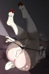 anthro anus balls black_clothing black_panties black_underwear chatski clothed clothing deer drip_effect dripping genitals hi_res hooves horn male mammal panties panties_down partially_clothed pink_anus short_tail solo steam tail underwear underwear_down white_body