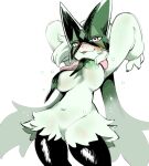 2025 absurd_res anthro areola blush bodily_fluids breast_curtains breasts claws featureless_crotch felid feline female fur generation_9_pokemon green_areola green_body green_fur green_hair green_nipples hair hi_res mammal meowscarada navel nintendo nipples open_mouth oposa pink_eyes pokemon pokemon_(species) simple_background solo sweat