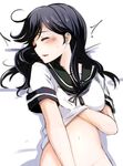  ahoge black_hair blush bottomless closed_eyes groin hand_under_clothes hand_under_shirt highres implied_masturbation kantai_collection long_hair momo_(higanbana_and_girl) open_mouth out-of-frame_censoring school_uniform self_fondle shirt solo sweat sweatdrop ushio_(kantai_collection) 