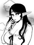  1girl absurdres armpit_crease black_sclera breasts charlotte_(succuboos) cleavage colored_sclera commentary english_commentary english_text greyscale highres huge_breasts monochrome original pentagon_(shape) pointy_ears solo succuboos thick_arms upper_body 