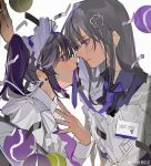  2girls absurdres apron ball buttons character_name chinese_commentary closed_mouth collared_shirt commentary_request confetti cross-laced_apron dress earrings expressionless eye_contact eyeshadow frilled_apron frills from_side grey_hair grey_shirt hair_ornament hair_ribbon hair_scrunchie hairclip hand_on_own_chest hand_on_wall happy heart heart_print highres jewelry juliet_sleeves kabedon lipstick long_hair long_sleeves looking_at_another maid maid_headdress makeup mole mole_above_mouth mole_under_eye mouth_hold multiple_girls multiple_moles nail_polish name_tag necktie noses_touching original ouge_dz pointy_nose puffy_sleeves purple_dress purple_eyes purple_hair purple_nails purple_necktie red_eyeshadow red_lips ribbon scarf scrunchie shirt side_ponytail sidelocks straight_hair stud_earrings tennis_ball upper_body watermark weibo_watermark white_apron white_ribbon white_scarf white_sleeve_cuffs yuri 