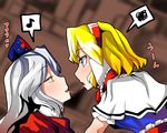  alice_margatroid blonde_hair blue_eyes capelet eighth_note frilled_ribbon frills hat multiple_girls musical_note nurse_cap open_mouth ribbon saliva saliva_trail sei_(kaien_kien) spoken_musical_note spoken_squiggle squiggle touhou white_hair yagokoro_eirin yellow_eyes yuri 