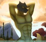 absurd_res anthro arms_above_head clip_studio_paint_(artwork) digital_drawing_(artwork) digital_media_(artwork) enoxarts flexing gradient_background green_body hi_res lake lizard male mask mortal_kombat muscular muscular_anthro nature nature_background red_eyes reptile reptile_(mortal_kombat) scales scalie simple_background sky solo tail water yellow_sclera