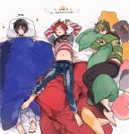  3boys ahoge arms_up barefoot black_pants blonde_hair blush closed_eyes clothes_pull commentary_request denim dramatic_stars_(idolmaster) green_sweater grey_hair grey_shirt hair_between_eyes hands_up head_on_pillow heart heart-shaped_pillow hugging_object idolmaster idolmaster_side-m jeans kashiwagi_tsubasa male_focus multicolored_shirt multiple_boys nana_tetra navel_piercing open_mouth pajamas pants piercing pillow pillow_hug red_hair red_shirt sakuraba_kaoru shirt shirt_pull sleeping sparkle sparkling_aura star-shaped_pillow star_(symbol) stomach sweater tendo_teru under_covers unworn_eyewear white_background white_pajamas white_shirt 