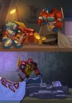  autobot blue_eyes character_doll covering_with_blanket death glowing highres hot_rod_(transformers) lantana0_0 looking_down mecha mecha_focus optimus_prime robot transformers transformers:_generation_1 trophy 