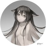  animal_ears artist_name black_hair breasts eyebrows hair_censor hair_over_breasts highres kyuri_tizu long_hair looking_at_viewer medium_breasts monochrome nude original round_image solo 