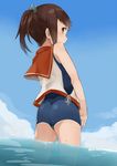  akiha_(attract) ass bad_id bad_pixiv_id brown_eyes brown_hair cloud day from_behind i-401_(kantai_collection) kantai_collection one-piece_swimsuit sailor_collar school_swimsuit short_ponytail sky solo swimsuit swimsuit_under_clothes wading water 