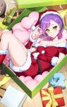  1girl absurdres alternate_costume arm_warmers bag bare_shoulders box braid braided_bangs dress fur-trimmed_arm_warmers fur-trimmed_dress fur-trimmed_headwear fur-trimmed_shoes fur_trim gashino gift gift_box gradient_hair green_eyes hat heart heart_tail highres hololive looking_at_viewer lying multicolored_hair off-shoulder_dress off_shoulder on_back paper_bag piercing pink_hair pouch purple_hair red_dress santa_costume santa_dress santa_hat short_hair solo spiked_ear_piercing tail tail_ornament tail_piercing tokoyami_towa virtual_youtuber wooden_floor 
