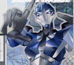  1girl arcee arcee_(prime) autobot black_sclera blue_eyes chain-link_fence colored_sclera english_commentary fence finger_frame head_tilt klauw22 looking_at_viewer mecha robot smirk solo star_(symbol) transformers transformers_prime 