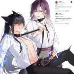  2girls abs after_fingering anger_vein animal_ears black_hair black_pants blush breasts chinese_commentary clenched_teeth collar commentary_request dog_ears dog_girl dog_tail earrings english_text flower gradient_hair grey_eyes grey_skirt heterochromia highres holding holding_leash jewelry kemonomimi_mode leash lezissmitozer long_hair long_sleeves looking_at_another multicolored_hair multiple_girls open_clothes open_pants open_shirt pants parted_lips path_to_nowhere purple_eyes purple_hair pussy_juice pussy_juice_trail rahu_(path_to_nowhere) scar scar_across_eye shalom_(path_to_nowhere) shirt skirt small_breasts smile tail teeth toned toned_female twitter white_flower white_hair white_shirt yuri 