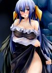  blue_hair blush breast_hold breasts covered_nipples dd_mayohara dizzy dress guilty_gear hair_ribbon large_breasts long_hair looking_at_viewer nipples open_mouth red_eyes ribbon see-through solo wet wings 