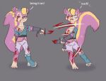amputation anthro blonde_hair blood bodily_fluids breasts challenge clothing constricted_pupils crowskull death decapitation dialogue dismemberment dying fatal fatal_wound female fluffy fluffy_tail footwear fur gore hair hi_res instant_loss_2koma killing knife looking_at_viewer mammal markings mole_(marking) one_breast_out one_shoe_on ouch pink_body pink_fur pupils rodent ryona sciurid shoes small_pupils solo surprise tail tree_squirrel wounded