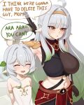 2girls :o ^_^ ahoge ara_ara arm_behind_head armpits bare_shoulders black_gloves blush breasts closed_eyes cosplay crop_top dendro_symbol_(genshin_impact) dress english_commentary english_text flat_chest full-face_blush genshin_impact gloves gold_trim gradient_hair green_hair hair_between_eyes hair_ornament highres i_think_we&#039;re_gonna_have_to_kill_this_guy_steven_(meme) large_breasts leaf_hair_ornament long_hair meme mockingeu multicolored_hair multiple_girls nahida_(genshin_impact) navel open_mouth original pointy_ears red_skirt rukkhadevata_(genshin_impact) rukkhadevata_(genshin_impact)_(cosplay) sidelocks skirt stomach strapless strapless_dress very_long_hair white_dress white_hair yellow_eyes 