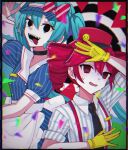 2girls apron arms_up black_choker black_necktie blue_dress blue_hair blue_hat bow choker collared_dress collared_shirt confetti dress drill_hair gloves hair_between_eyes hashtag-only_commentary hat hat_bow hatsune_miku icy_asairi kasane_teto kepi long_hair mesmerizer_(vocaloid) military_hat multiple_girls necktie pinstripe_dress pinstripe_hat pinstripe_pattern red_bow red_eyes sailor_collar scared sharp_teeth shirt sleeves_rolled_up smiley_hat_ornament solid_oval_eyes striped_clothes striped_shirt sweat teeth tongue tongue_out twin_drills twintails utau visor_cap vocaloid waist_apron white_apron white_bow wing_collar yellow_gloves 