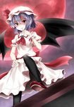  ascot bat_wings blue_hair dress fang full_moon hachimi highres looking_at_viewer moon pantyhose red_eyes red_moon remilia_scarlet short_hair smile solo touhou wings wrist_cuffs 