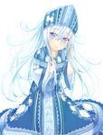  alternate_costume baretto_(firearms_1) blue_eyes dress hat hibiki_(kantai_collection) kantai_collection long_hair looking_at_viewer russian_clothes smile solo white_background white_hair 