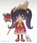 1girl ashley_(warioware) black_hair black_pantyhose brooch broom closed_mouth commentary_request d_omm dot_nose dress expressionless full_body hairband holding holding_broom holding_stuffed_toy jewelry long_hair long_sleeves neckerchief orange_hairband orange_neckerchief pantyhose red_(warioware) red_dress red_eyes red_shoes shoes sidelocks skull_brooch solo standing stuffed_animal stuffed_rabbit stuffed_toy twintails twitter_username warioware white_background 