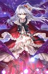  bad_id bad_pixiv_id capelet dress grey_eyes hair_bobbles hair_ornament hands highres hysteria long_hair long_sleeves looking_at_viewer multiple_wings one_side_up purple_wings red_capelet red_dress ribbon shinki silver_hair solo touhou touhou_(pc-98) wide_sleeves wings 