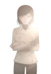  1girl black_hair black_pants bright_background buttons clear_parts coat cowboy_shot crossed_arms grey_eyes highres jacket lipstick looking_at_viewer makeup nail_polish pants red_lips shin_megami_tensei shin_megami_tensei_iii:_nocturne short_hair solo sun_glare sweater takao_yuko turtleneck turtleneck_sweater white_background white_coat white_jacket 