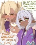  2girls ahoge blonde_hair blush body_markings breasts cleavage closed_mouth dark-skinned_female dark_skin english_commentary english_text fingerless_gloves fingernails genshin_impact gloves green_eyes hair_between_eyes highres iansan_(genshin_impact) large_breasts long_hair looking_at_viewer mockingeu multiple_girls nail_polish open_mouth original pointy_ears purple_gloves purple_nails smile twintails very_long_hair white_hair yellow_eyes 