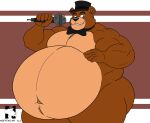 2025 anthro bear belly big_belly bow_tie clenched_teeth clothing electronics five_nights_at_freddy&#039;s freddy_(fnaf) fur half-closed_eyes hat headgear headwear hi_res holding_microphone holding_object male mammal microphone morbidly_obese morbidly_obese_anthro morbidly_obese_male mostly_nude musclegut muscular muscular_arms narrowed_eyes navel obese obese_anthro obese_male overweight overweight_anthro overweight_male scottgames signature smile solo teeth zangokunatenshi