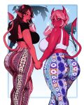  2girls absurdres ass black_sclera breasts brown_hair charlotte_(succuboos) colored_sclera colored_skin commentary cup curly_hair curvy demon_girl demon_horns demon_tail disposable_cup drinking english_commentary highres holding holding_cup holding_hands horns huge_ass huge_breasts long_hair multiple_girls original pants pink_hair pointy_ears red_eyes red_skin short_hair signature sparkle succuboos tail thick_arms thick_thighs thighs tight_clothes tight_pants valeria_(succuboos) 