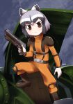  1girl :< animal_ears armored_trooper black_hair bodysuit boots brown_boots brown_eyes closed_mouth common_raccoon_(kemono_friends) finger_on_trigger grey_hair gun highres himehachi_(hime8manga) holding holding_gun holding_weapon kemono_friends mecha mecha_pilot_suit multicolored_hair orange_bodysuit raccoon_ears robot scopedog short_hair solo soukou_kihei_votoms weapon white_hair 