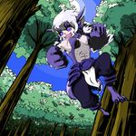  abs animal_ears baggy_pants blue_eyes borrowed_character breasts clenched_hands colorized dutch_angle fangs forest furry grey_hair hair_tubes highres horns jumping loincloth long_hair monster_girl nature nise_maou_kemozeru no_nipples pants revision solo st926 tail topless tree wolf_ears wolf_tail yuusha_to_maou 