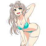  bent_over blush bra breasts chan_co cleavage earrings hand_on_own_knee jewelry large_breasts long_hair looking_at_viewer love_live! love_live!_school_idol_project minami_kotori navel necklace one_side_up open_mouth panties silver_hair simple_background smile solo thigh_strap underwear underwear_only white_background yellow_eyes 