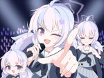  1girl :3 :d ;d absurdres ahoge black_neckerchief blue_archive blue_hair blush buttons clenched_hands closed_eyes commentary cowboy_shot cran_berrie dancing double-breasted english_commentary facing_viewer furrowed_brow glowstick grey_serafuku grey_shirt grey_skirt hair_between_eyes hair_ornament halo hands_up highres holding holding_microphone index_finger_raised long_hair looking_at_viewer low_twintails meme microphone multicolored_hair multiple_views neckerchief one_eye_closed open_mouth oshi_no_ko parody pink_hair pink_halo pleated_skirt pointing pointing_at_viewer purple_eyes reisa_(blue_archive) sailor_collar school_uniform serafuku shikairo_days_dance_(meme) shikanoko_nokonoko_koshitantan shirt skirt smile smug star_(symbol) star_hair_ornament star_halo streaked_hair tareme twintails two-tone_hair upper_body v-shaped_eyebrows white_sailor_collar 