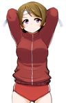  arms_behind_head brown_hair buruma hachimaki headband highres jacket koizumi_hanayo looking_up love_live! love_live!_school_idol_project momo_(higanbana_and_girl) purple_eyes short_hair solo track_jacket tying 