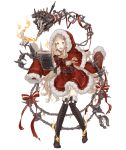  1girl :d belt blonde_hair bone book boots candle capelet chains christmas cross-laced_footwear eyebrows_visible_through_hair full_body fur_trim hair_ornament hairclip hood hood_up ji_no little_red_riding_hood_(sinoalice) long_hair looking_at_viewer official_art open_mouth orange_eyes ribbon sinoalice sleeves_past_wrists smile solo thigh_boots thighhighs torture_instruments transparent_background upper_teeth very_long_hair 